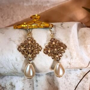 Express Gold Filigree Earrings with‎ Pearl Accents